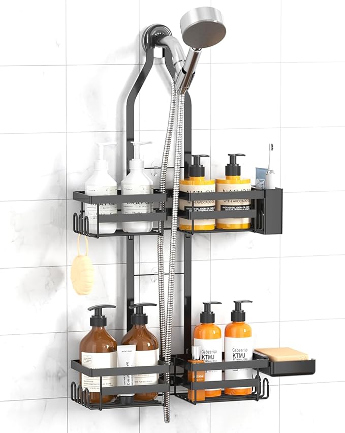 Shower Caddy Hanging for Handheld Showerheads, Rustproof Black Shower Organizer with Hooks, Soap Holder & Toothbrush Holder, No Drilling Shower Storage Rack for Bathroom