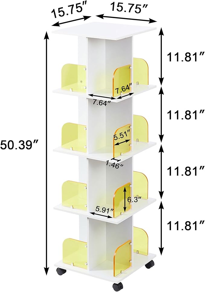 VECELO 4 Tier Rotating Bookshelf, 360Â°Corner Display Shelf with Wheels, Book Storage with Acrylic Windows, Wood Narrow Book Shelf Organizer for Small Space, Bedroom, White