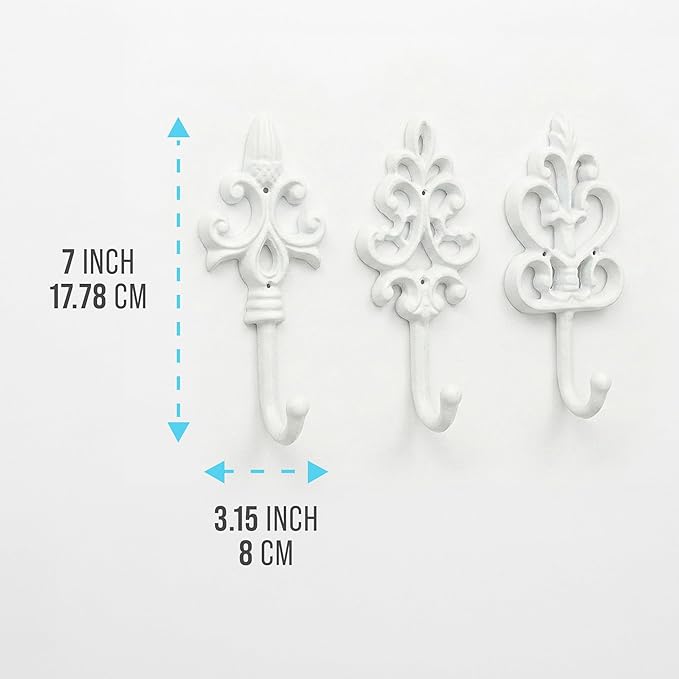 Comfify Shabby Chic Decorative Wall Hooks - Set of 3 - Cast Iron French Country Wall Decor - Farmhouse Hangers for Coats, Purses and More - Pure White