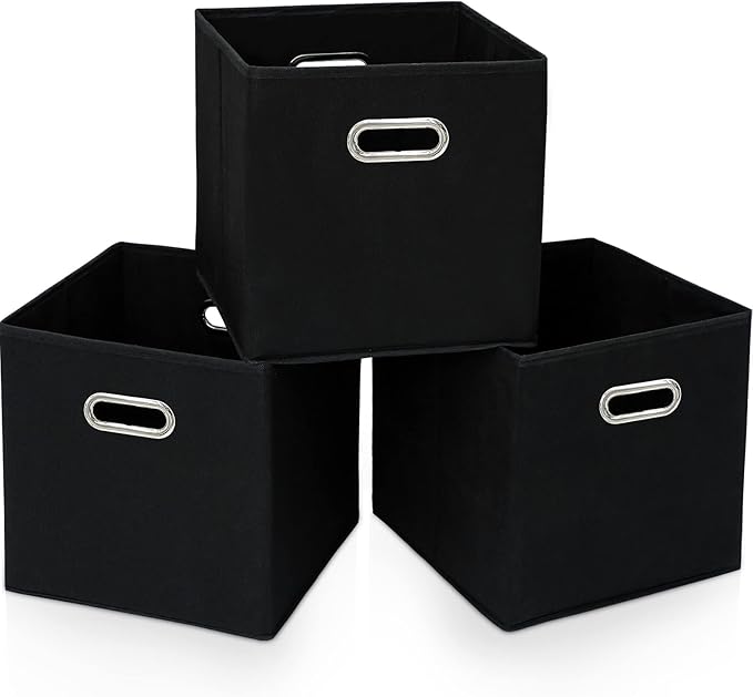 STOREONE 13 Inch Cube Organizer Bins ,Black Fabric Storage Bin，Foldable Storage Box Basket with Dual Handles Fabric Organizer Bins and collapsible Storage Boxes，Set of 3,Black