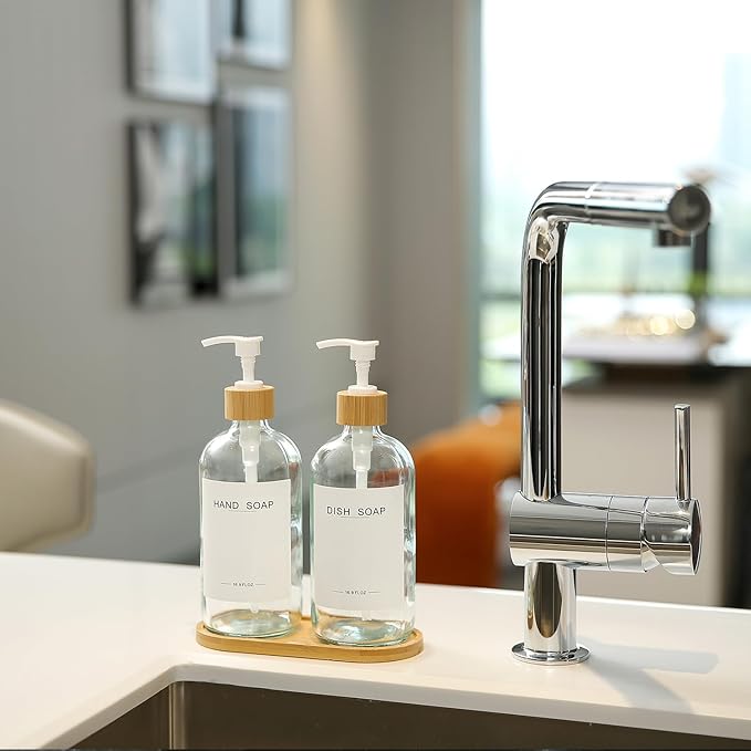 Clear Glass Soap Dispenser with Bamboo Pumps&Tray&Labels, Hand Dispenser, Lotion Dispenser, Dish Soap Dispenser for Kitchen Sink. (Clear)