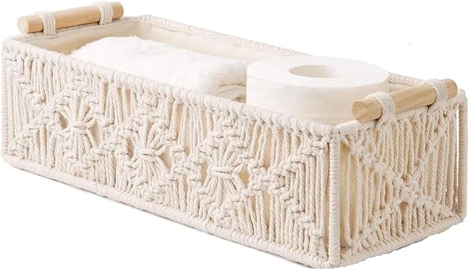 Macrame Storage Basket Boho Decor Baskets for Organizing Woven Decorative Basket for Countertop Toilet Paper Basket for Toilet Tank Top Shelf Basket with Handle for Bathroom Decor Nursery