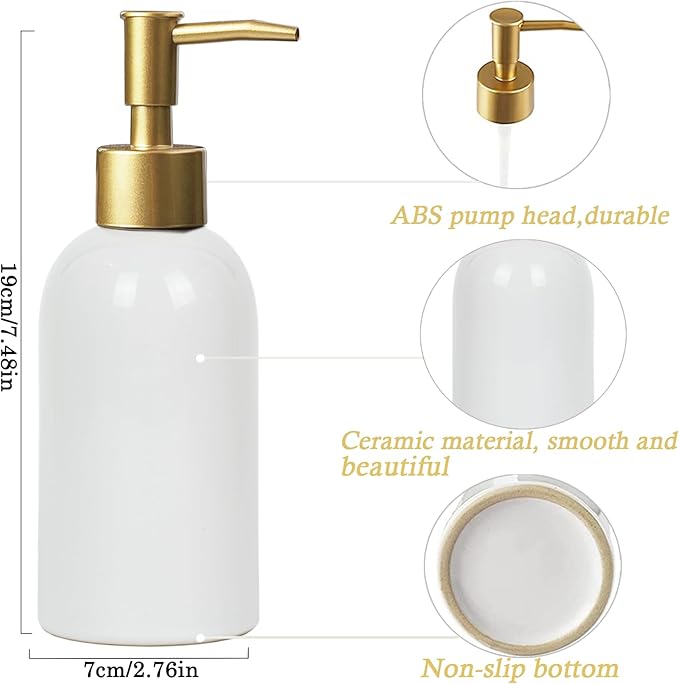 Ceramic Soap Dispenser White with Gold Pump,Simple Design Cylindrical Lotion Dispenser Bottle,Refillable Liquid Hand Soap Dispenser for Kitchen,Bathroom,Washroom
