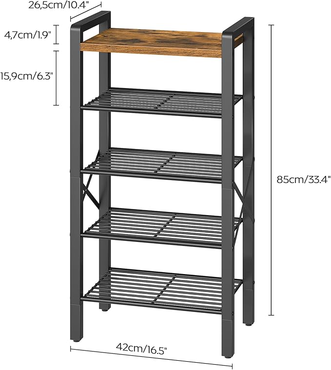 5-Tier Narrow Shoe Rack, Tall Shoe Rack for 5-10 Pairs, Slim Shoe Storage Organizer with Wooden Top, Space Saving, Metal Frame, for Entryway, Rustic Brown and Black SS65BR