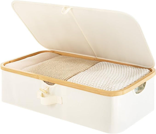 StorageWorks Underbed Storage Box with Bamboo Frame, 42L Flip-Top Under Bed Container for Blankets, Bed Sheets, Coverlets and Towels, Beige
