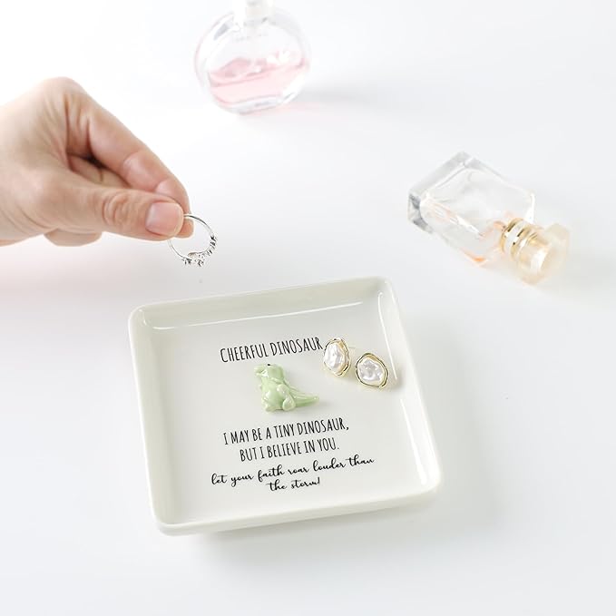 HOME SMILE Dinosaur Ring Dish Tray-Inspirational Gift Basket Stuffers for Women Friends-Cute Birthday Gift for Coworker Friend College Graduation Motivational Decor