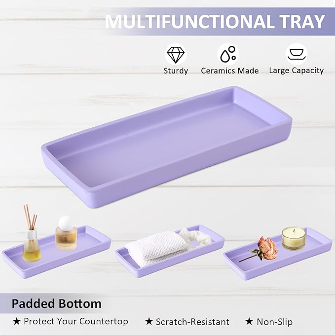 Resin Purple Bathroom Accessories Set 6Pcs - Lotion Soap Dispenser, Toothbrush Holder, Bathroom Tumbler, Qtip Holder & Vanity Tray, Modern Bathroom Countertop Organizer for Home