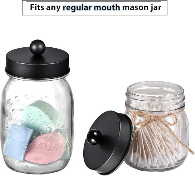 Mason Jar Bathroom Accessories Lids Set(4pcs) - Jars Not Included - Soap Dispenser, Apothecary Jars Lids for Regular Mouth Mason Jars, Wide Mouth Toothbrush Holder lid,-Stainless Steel,Black