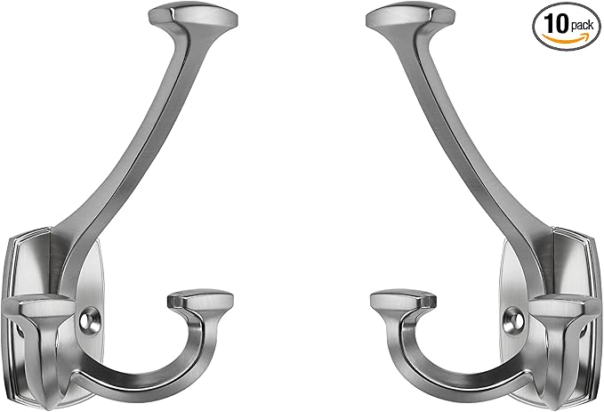 Large Wall Double-Sided Hook 10 Pack Brushed Satin Nickel Hook Decorative Heavy Duty Solid Large Coat Hooks for Towel Hanging Coats Robe Towel Bags Door Back 2 Prong Hooks