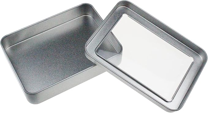 Goodma 12 Pieces Rectangular Empty Metal Tins Home Storage Containers Organizer Mini Box with Clear Window Lid, 4.5 x 3.35 x 0.87 inch (Silver)