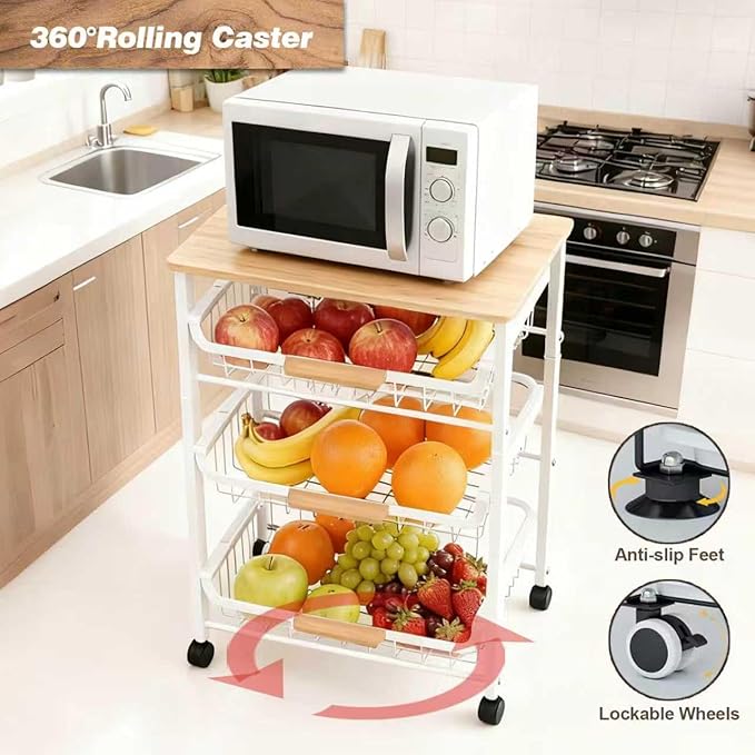 3-Layer Fruit Basket Kitchen Food Organizer and Rack Rolling Pantry Kitchen Cart On Wheels with Wood Top Table,Pull-Out Hollow Metal Basket for Sorting Spice Snacks Vegetables,White