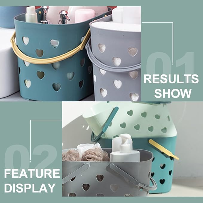 NUOBESTY Heart-shaped Portable Bathroom Storage Basket, Plastic Shower Caddy with Handle, Hollow-out Drainage Organizer for Bathroom and Dormitory Storage