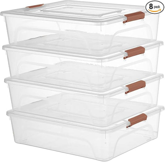 novelinks Clear Stackable Storage Bins with lid Storage Boxes Durable Plastic Organizer Containers for Home Office, Kitchen, Craft Supplies (10 Quart 4 Pack Brown)