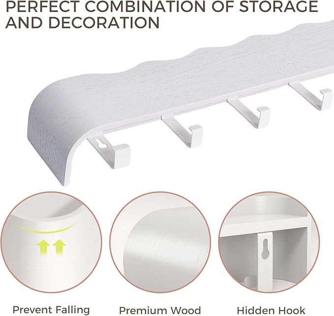 Wall Coat Rack Floating Shelves Modern Coat Rack Wall Mount with Storage Entryway Shelf Wooden Hanger 20 Inch 4 Hidden Metal Hooks for Living Room Bedroom (Wavy White, 8 Hooks)