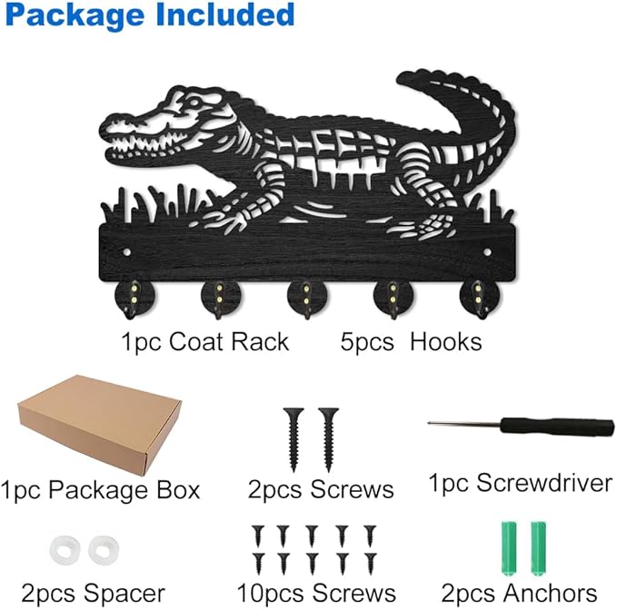MAYJOYDIY Crocodile Coat Rack Wall Mount Reptile Animal Wood Key Holder for Wall 11.8×7.1inch/30×18.1cm Decorative Key Hooks with 5 Alloy Hooks for Gift, Entryway, Front Door, Hallway, Kitchen, Office