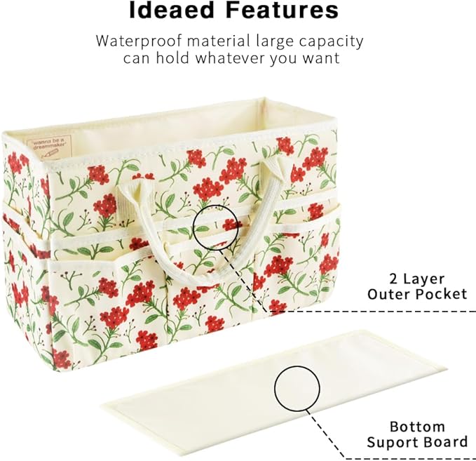 E-WEICHEN Craft Organizer Tote Bag Art Storage Caddy with Multiple Pockets Containers for Art,Craft,and Office Supplies Storage.Red Flower