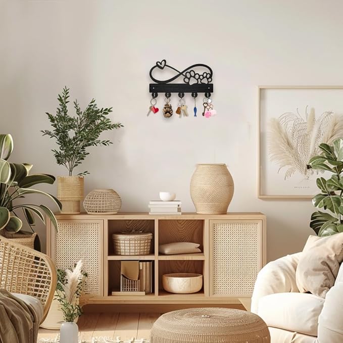 MAYJOYDIY Wood Paw Prints Hearts Coat Rack Infinity Sign Key Holder for Wall 11.8×7.2inch Love Heart Decorative Wall Hooks 5 Alloy Hooks Animal Paw Print Black Wall Hanger for Gifts Entryway Room Home