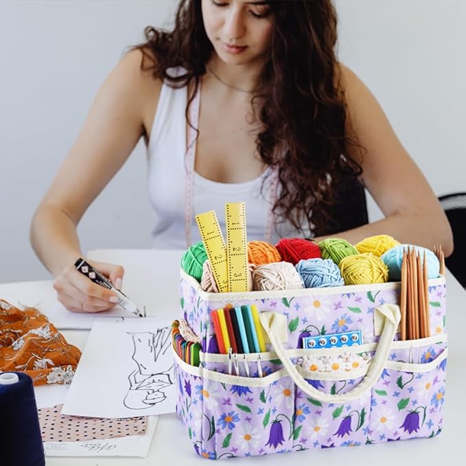 E-WEICHEN Craft Organizer Tote Bag Art Storage Caddy with Multiple Pockets Containers for Art,Craft,and Office Supplies Storage.Purple Campanula