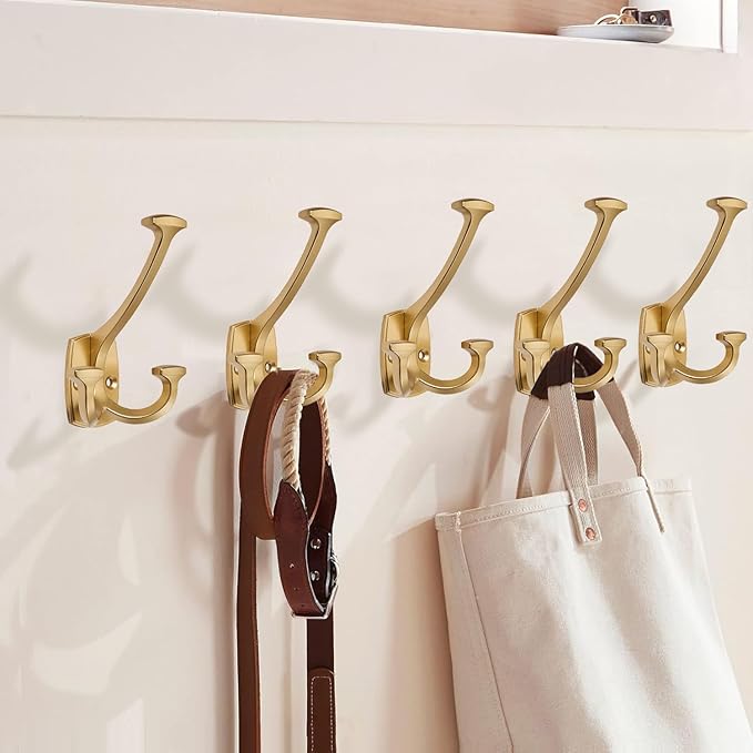 Large Wall Double-Sided Hook 10 Pack Brushed Gold Hook Decorative Heavy Duty Solid Large Coat Hooks for Towel Hanging Coats Robe Towel Bags Door Back 2 Prong Hooks