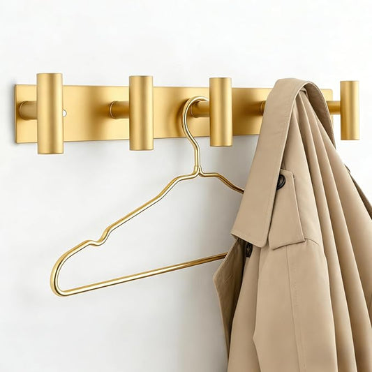Gold Coat Hooks, Wall Mounted Coat Rack – 5 T-Shaped Towel Rack for Hats, Bags & Towels, Heavy-Duty Metal Rail for Entryway, Bathroom, Closet, Bedroom