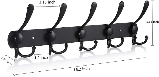 Coat Rack Wall Mounted,5 Tri Stainless Steel Coat Hook for Coat Hat Robes Towel in Mudroom Entryway (Black, 1 Pack 5 Hook)