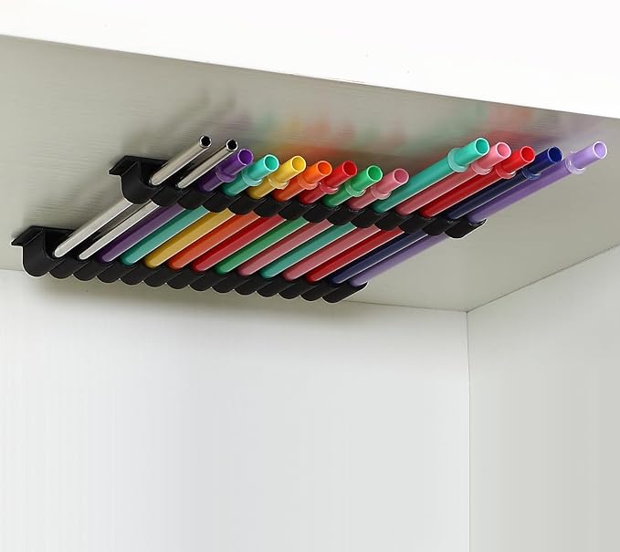 Baderke Straw Holder for Cabinet Reusable Straw Organizer with Double Sided Adhesive Tape Screws Storage Container for Kitchen Counter Cupboard(Black,Classic)