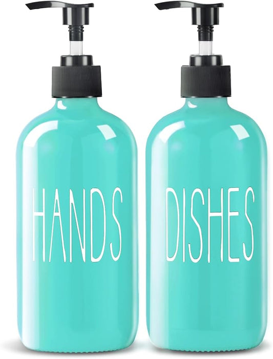 Glass Soap Dispenser Set 2 Pack,16 Oz Dish Soap Dispenser for Kitchen Sink,Teal Kitchen Accessories and Kitchen Decor,Turquoise Decorations and Kitchen Utensils for Kitchen