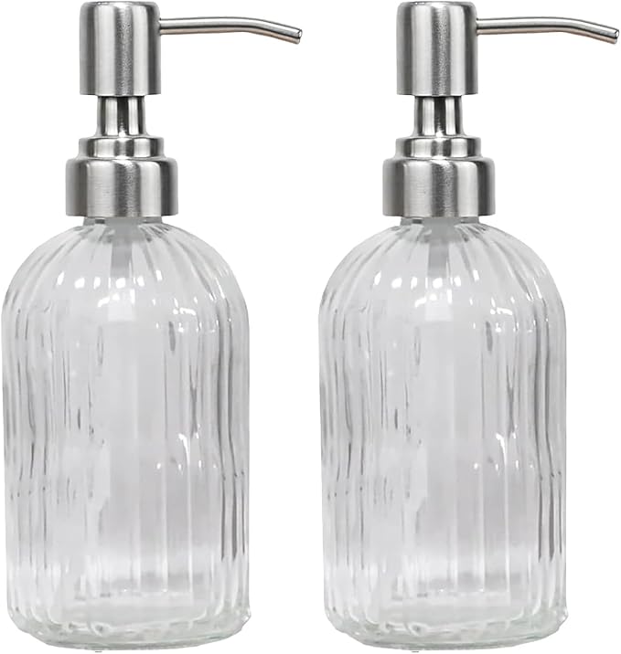 14Oz Clear Soap Dispenser Bathroom - 2 Pack, Clear Glass Hand Soap Dispensers with Stainless Steel Pump, Refillable Dish Soap Dispenser for Kitchen, Countertop Soap Dispensers