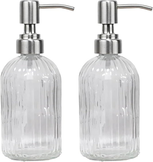 14Oz Clear Soap Dispenser Bathroom - 2 Pack, Clear Glass Hand Soap Dispensers with Stainless Steel Pump, Refillable Dish Soap Dispenser for Kitchen, Countertop Soap Dispensers