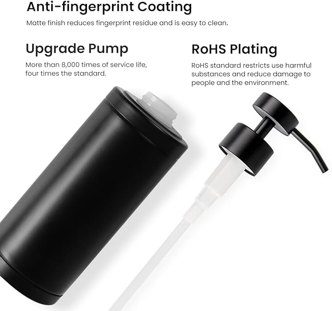 Stainless Steel Soap Dispenser for Bathroom, Matte Black Flat Design, Metal Pump, 10oz Rust-Proof Liquid Hand Soap Dispenser for Kitchen, Refillable Countertop Lotion Bottle