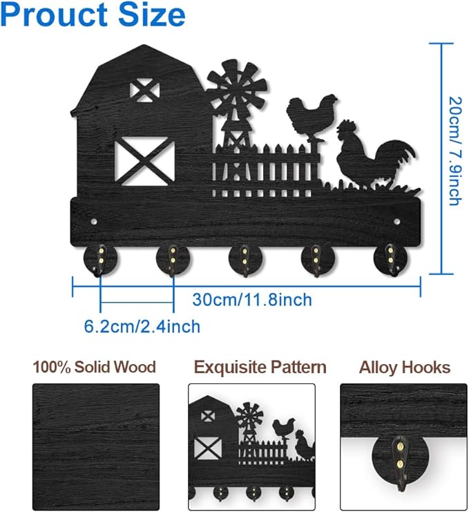MAYJOYDIY Farm Rooster Hen Wall Mounted Coat Rack Farmhouse Windmill Wood Key Hooks for Wall 11.8×7.9inch Black Key Holder Hanger Wall Art Decor with 5 Alloy Hooks for Gift Hallway Entryway Kitchen