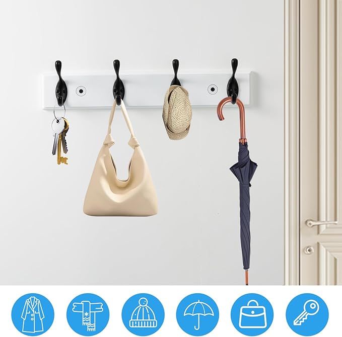 HOME MASTER HARDWARE Coat Rack Wall Mount White, MDF Wall Mounted Coat Hooks for Hanging Coats, 16" Hat Rack for Wall with 4 Matte Black Hooks