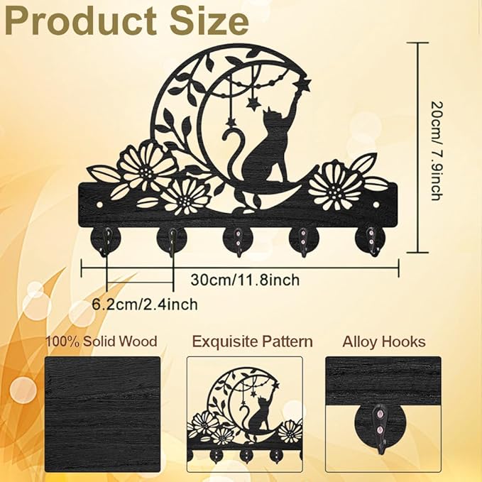 MAYJOYDIY Cat Moon Flower Coat Rack Wall Mounted Wood Animal Moon Star Key Hanger Wall Art Decor 11.8×7.9inch 5 Alloy Hooks Black Key Rack Organizer for Gift Entryway Hallway Kitchen Room