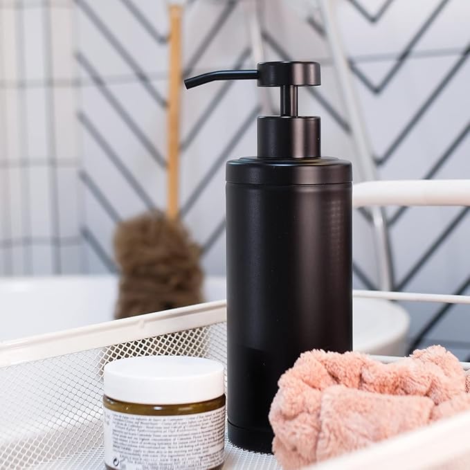 Stainless Steel Soap Dispenser for Bathroom, Matte Black Flat Design, Metal Pump, 10oz Rust-Proof Liquid Hand Soap Dispenser for Kitchen, Refillable Countertop Lotion Bottle