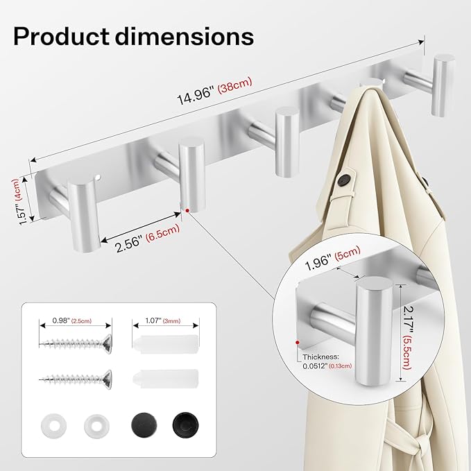 Silver Coat Hooks, Silver Wall Mounted Coat Rack – 5 T-Shaped Towel Rack for Hats, Bags & Towels, Heavy-Duty Metal Rail for Entryway, Bathroom, Closet, Bedroom
