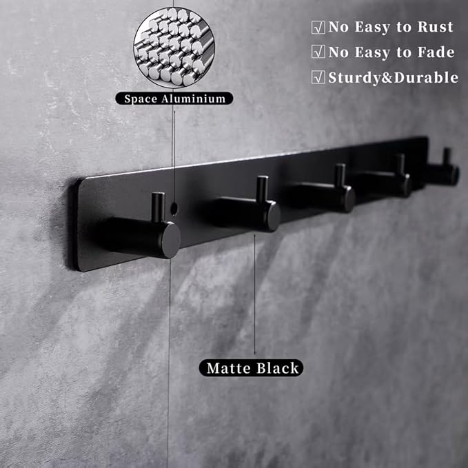 Black Wall Hooks, Matte Black Bathroom Hook Rail, Self Adhesive 5 Hooks Key Hook Rack Hanger Towel Robe Stick Hooks for Toilet Entryway Hallway Kitchen Wall Mounted