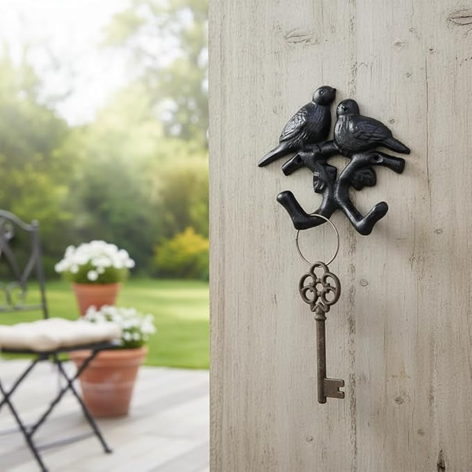 Comfy Hour 5.4" Heavy Duty Cast Iron Bird Wall Hook, Decorative Double Bird Key Holder for Wall, Rustic Animal Coat Rack for Entryway, Bathroom & Mudroom, Vintage Home Decor, Black, 1 pc