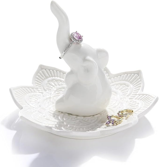 White Elephant Ring Holder With Mandala Jewelry Dish, Boho Decor, Holder for Rings Earrings Bracelets, Gifts for Adults, Birthday Mothers Day Christmas Gifts for Women