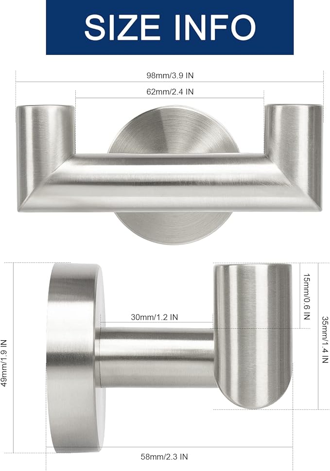 NearMoon Bathroom Double Towel Hook- SUS304 Stainless Steel Robe Towel Holder, Heavy Duty Double Coat Hook for Bathroom Livingroom Kitchen Wall Mounted (Brushed Nickel-U, 2 Pack)