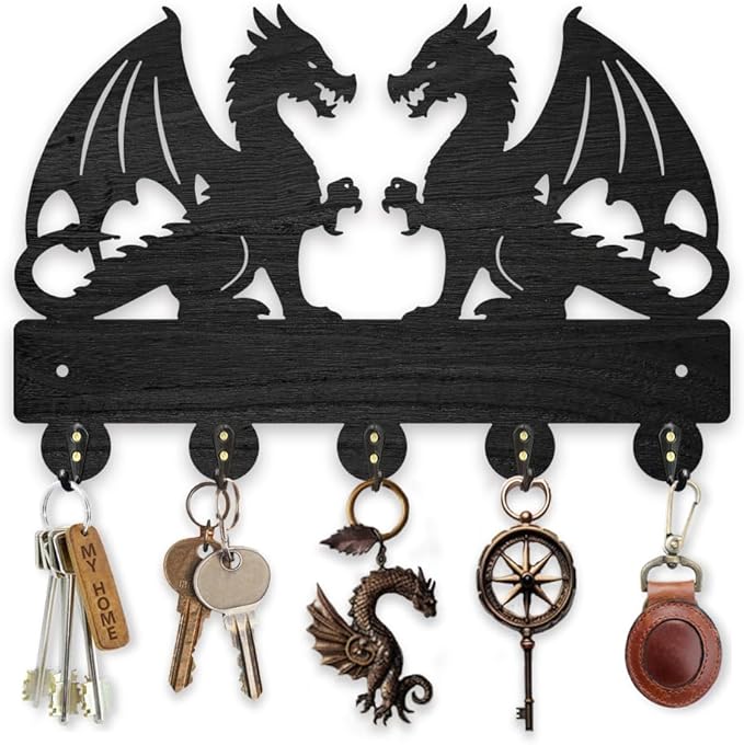 MAYJOYDIY Dragon Coat Rack Wall Mount Wood Double Dragon Animal Key Holder for Wall 11.8×7.9inch Decorative Wall Hooks 5 Alloy Hooks Black Wall Hanger for Gifts Entryway Hallway Room Decor