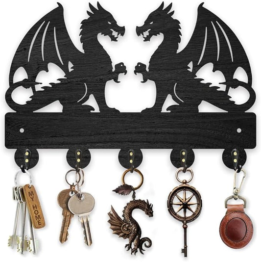 MAYJOYDIY Dragon Coat Rack Wall Mount Wood Double Dragon Animal Key Holder for Wall 11.8×7.9inch Decorative Wall Hooks 5 Alloy Hooks Black Wall Hanger for Gifts Entryway Hallway Room Decor