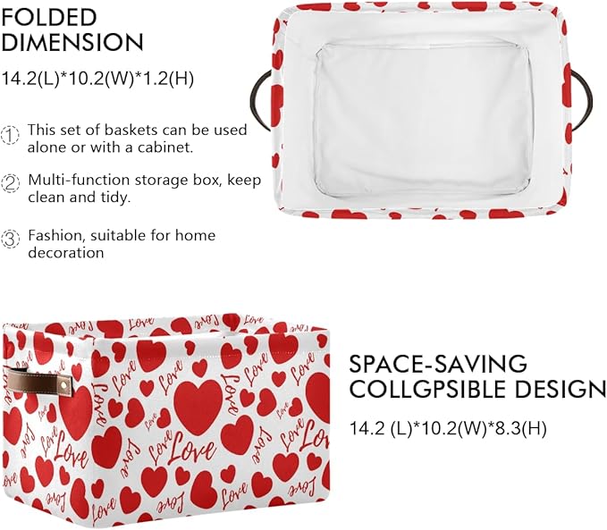 Large Foldable Storage Basket,Valentines Hearts and Love Storage Bin Fabric Collapsible Organizer Bag with Handles 15x11x9.5 inch