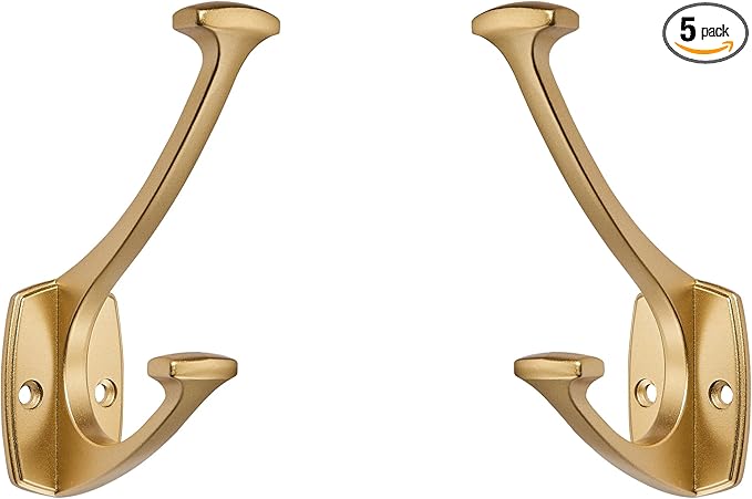 5 Pack Brushed Gold Hooks Decorative Heavy Duty Solid Large Coat Hooks for Towel Hanging Coats Robe Wall Mounted Towel Bags Door Back Bathroom Wall Hook.