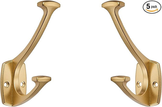 5 Pack Brushed Gold Hooks Decorative Heavy Duty Solid Large Coat Hooks for Towel Hanging Coats Robe Wall Mounted Towel Bags Door Back Bathroom Wall Hook.