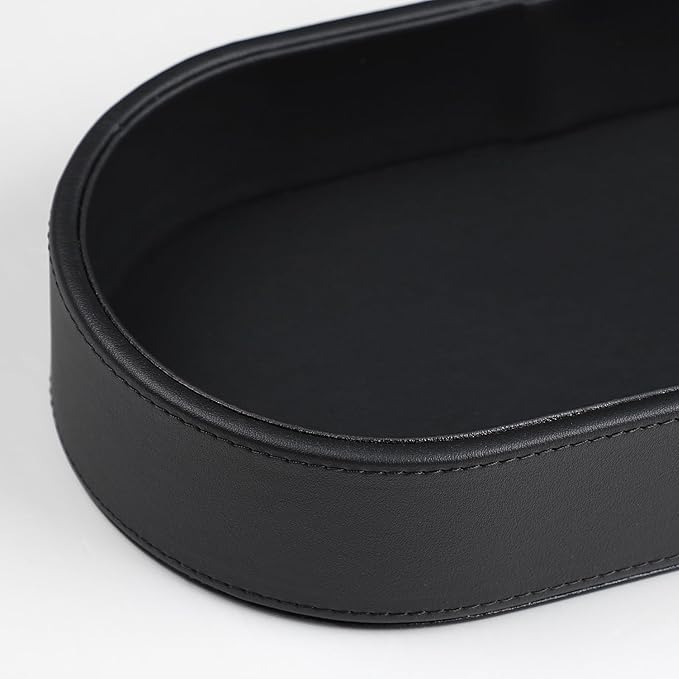 Oval Desk Valet Tray, PU Leather Perfume Dish Bowl for Keys Wallet Watch, Decorative Trinket Vanity Jewelry Tray, Entryway Nightstand Organizer Women Men (Black)