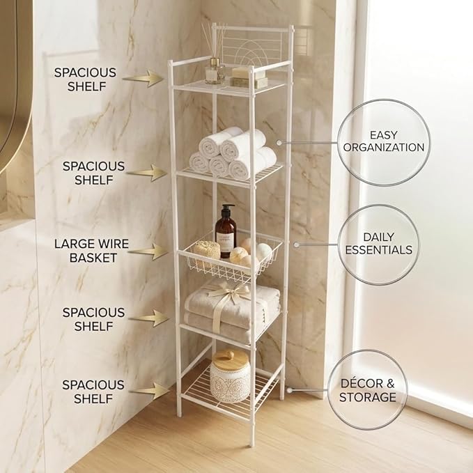 Bath Bliss 5 Tier Freestanding Bathroom Storage Shelf, White Metal Organizer Rack | Rust Resistant Space Saving Bathroom Stand | Toilet Paper Towel Holder | Bathroom Organizer for Small Spaces