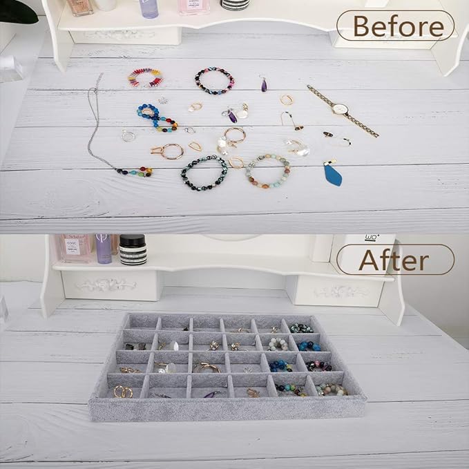 Emibele Jewelry Organizer, 24 Grids Necklace Pendant Organizer Watch Storage Rings Earrings Bracelet Organizer Tray Showcase Display Velvet Stackable Jewelry Storage - Grey