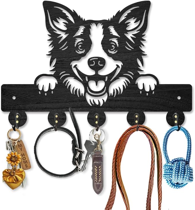 MAYJOYDIY Border Collie Key Holder for Wall Decorative Dog Leash Hanger Peeking Dog Wood Key Hooks 11.8×7.9inch with 5 Alloy Hooks for Entryway Front Door Kitchen Office Decoration