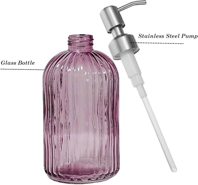 14Oz Purple Soap Dispenser Bathroom, Clear Glass Hand Soap Dispensers with Stainless Steel Pump, Refillable Dish Soap Dispenser for Kitchen, Countertop Soap Dispensers