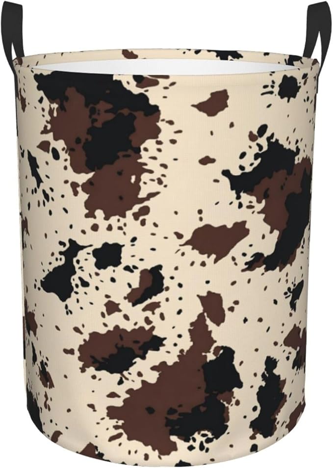 Highland Cow Texture Round Laundry Hamper Cowskin Print Storage Basket Toys Clothes Organizer Bin For Home Bathroom Bedroom Dorm Nursery, 38l